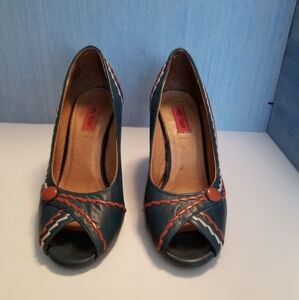Miz Mooz Women's Size 7 Navy Blue Sophia Peep Vintage Style Pinup Open Toe Pumps